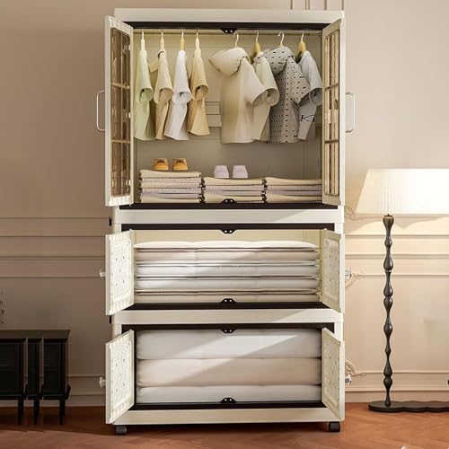 Stackable Plastic Storage Cabinet with Transparent Windows, Collapsible Closet Organizer with Wheels (1+1 Plus)