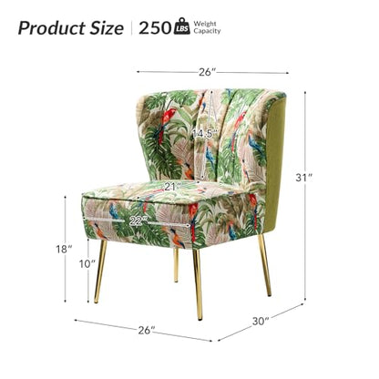 Accent Chair with Golden Metal Legs, Comfy Tufted Wingback Living Room Chair Floral Fabric Small Armless Side Chair, Upholstered Slipper Chair for Bedroom, Reading Room Flower Print