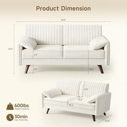64.5" Loveseat Sofa, Chenille Loveseat Couch for Living Room, 23.2" Deep Seat Love Seat with Padded Arms, Comfy Modern Small Couches for Bedroom, Small Spaces, Dorms, Office, Beige