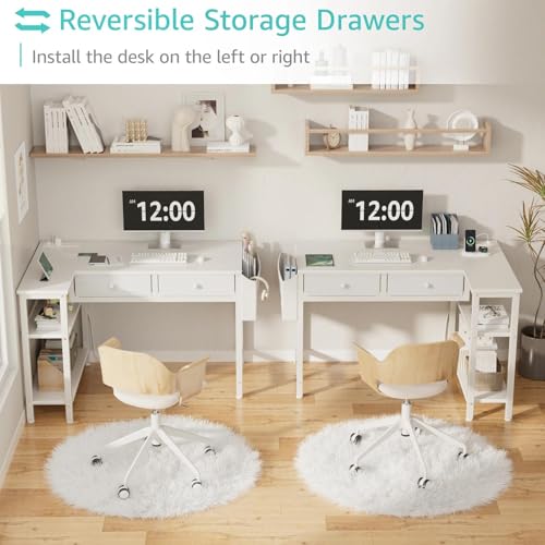DLisiting Small White L Shaped Desk with Drawers & Storage Shelves, 40 Inch Corner Desk with Power Outlet for Small Space Home Office, Study Work PC Desks for Bedroom