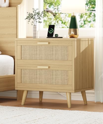 23.6" W Rattan Nightstand with Charging Station, Large Bedside Table with 2 Drawers, Wooden End Table with Solid Wood Legs, Boho Night Stand for Bedroom, Natural Oak KES009MECTG