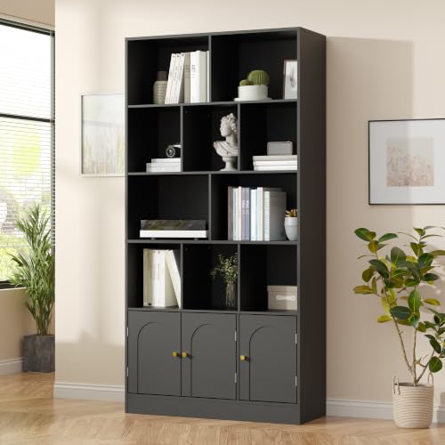 71" Tall Bookshelf with 10 Cubes and 3 Doors, 4-Tier Bookshelf, Open Shelf Bookcase with Cabinet, Modern Cube Storage Organizer for Living Room, and Office, Black