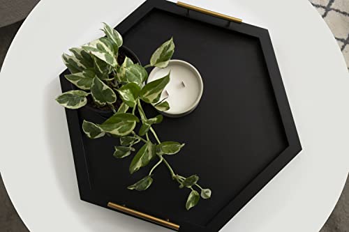 Halsey Hexagon Decorative Wooden Tray with Polished Metal Handles; 22 x 19; Black and Gold; Modern Glam Wood Hexagon Serving Tray for Display or Decoration