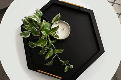 Halsey Hexagon Decorative Wooden Tray with Polished Metal Handles; 22 x 19; Black and Gold; Modern Glam Wood Hexagon Serving Tray for Display or Decoration