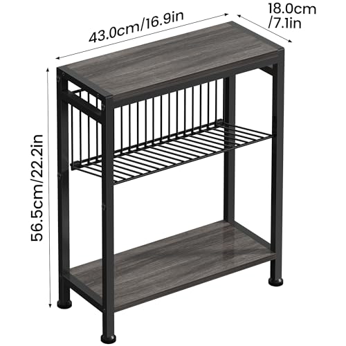 Side Table for Small Spaces, Narrow End Table with Magazine Holder, 2 in 1 Design Slim Side Table, Skinny Nightstand for Living Room Bedroom, Thin Side Magazine Table, Grey