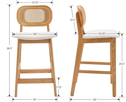 Rattan Counter Height Bar Stools Set of 3 Modern Farmhouse Barstools with Cane Backs 26 Inch Wood Counter Stool Breakfast Upholstered Bar Chairs for Kitchen Island, Boucle Beige