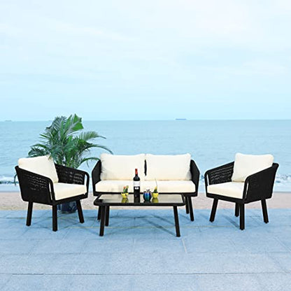 Safavieh Outdoor Collection Kerson Wicker Cushion 4-Piece Rope Patio Backyard Living Set PAT7519B, Black/Beige