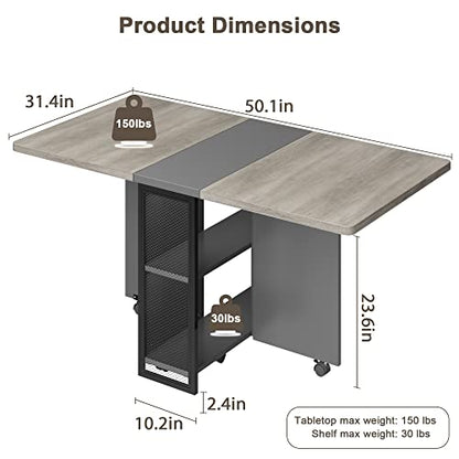 FoldingTable, Drop Leaf Dining Table with 6 Wheels and 2-Layer Storage Shelf, Space Saving Table for Small Spaces (Slate Oak, 50.1" D x 31.4" W x 29.5" H)