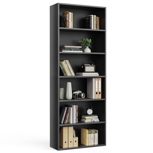 6-Tier Bookcase, 63 Inch Tall Open Bookshelf, Modern Black, view 2