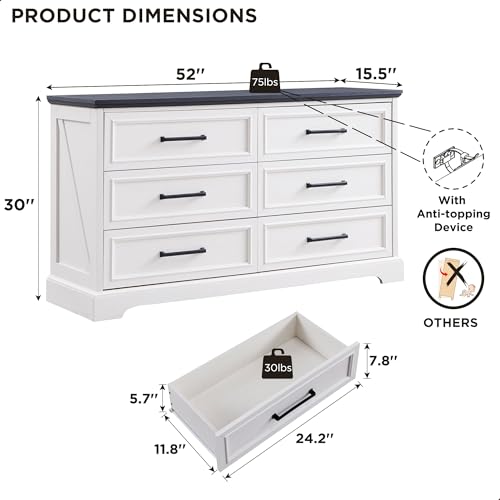 52" Wide Farmhouse 6 Drawer Dresser for Bedroom, Off White, view 3
