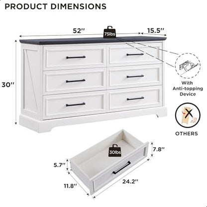 52" Wide Farmhouse 6 Drawer Dresser for Bedroom, Off White, view 3