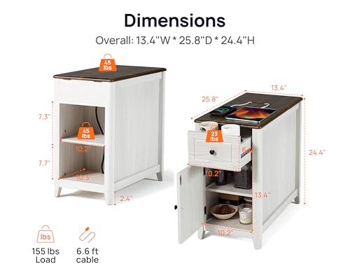 Farmhouse End Table with Charging Station, USB-C, Narrow Side Table with Storage Cabinet and Deep Drawer, Small Nightstand with Hidden USB Ports and Outlets for Living Room, Bedroom, Office, White