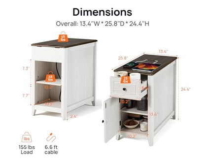 Farmhouse End Table with Charging Station, USB-C, Narrow Side Table with Storage Cabinet and Deep Drawer, Small Nightstand with Hidden USB Ports and Outlets for Living Room, Bedroom, Office, White