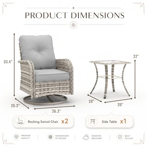 3-Piece Small Patio Furniture Set, Outdoor Swivel Rocking Chairs Set with Wicker Chairs and Tempered Glass Side Table, Outdoor Furniture Patio Bistro Set for Balcony, Deck, Porch