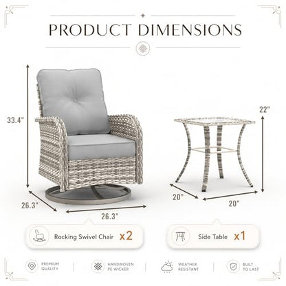 3-Piece Small Patio Furniture Set, Outdoor Swivel Rocking Chairs Set with Wicker Chairs and Tempered Glass Side Table, Outdoor Furniture Patio Bistro Set for Balcony, Deck, Porch