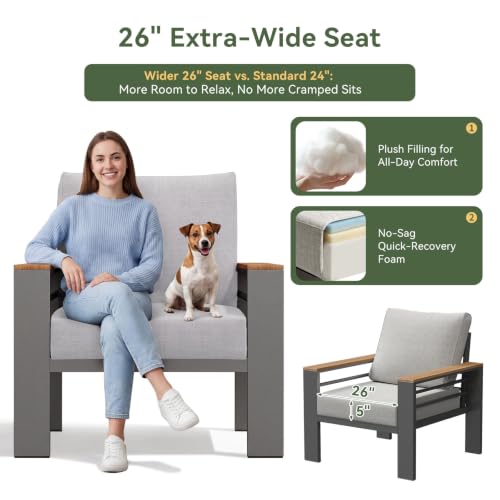 Patio Furniture Set, Aluminum Patio Set with Fire Pit Table and 5" Thicken & Washable Cushion, Waterproof Outdoor Furniture, Outdoor Couch Sectional for Backyard (7 Seats/F, Grey)