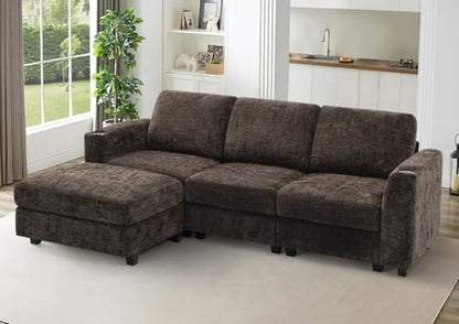 87" Chenille 3 Seater Couch with Soft Ottoman, Brown | L-Shape Sectional Sofa with Durable Cup Holders, Upholstered Sofa with Comfy Backrests for Living Room, House