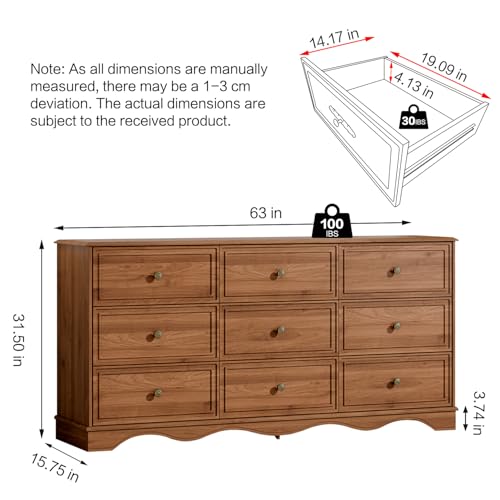 9 Drawer Dresser, 63" Wide Mid Century Chest of Drawers, view 3