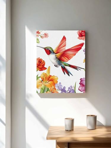 NuYeBiofx Garden Flower Lily Hummingbird Canvas Wall Art Prints,48"x32" Framed Picture Artwork Farm Bloom Carnation Floral Printed Canvas Oil Painting for Living Room Bedroom Office,Ready to Hang