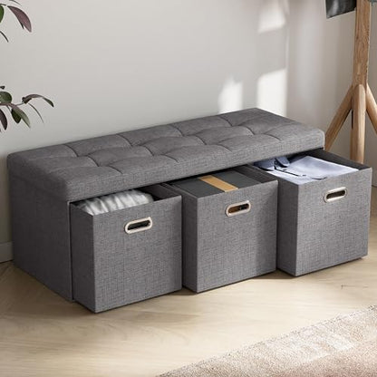 40 Inch Storage Ottoman with 3 Drawers, Tufted Linen, Dark Gray | Foldable Large Bench Design; Foot Rest Stool Seat; Ideal for Living Room, Bedroom or Entryway