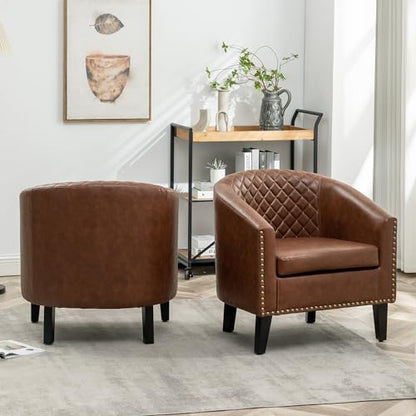 29" W Faux Leather Barrel Chairs Set of 2, Modern PU Upholstered Tufted Club Chairs with Nailhead Trim, Small Armchairs Accent Chairs for Living Room Bedroom Apartment Lounge Nursery, Brown