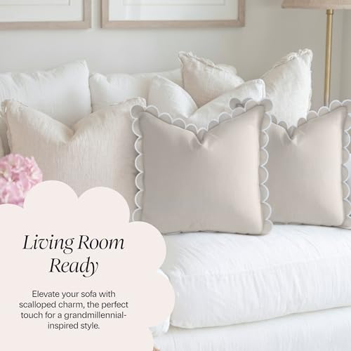 Scalloped Pillow Cover - Set of 2 - 18 x 18 Inch - Scallop Pillow Cover Natural/White/Beige - 100% Cotton - Grandmillennial Style