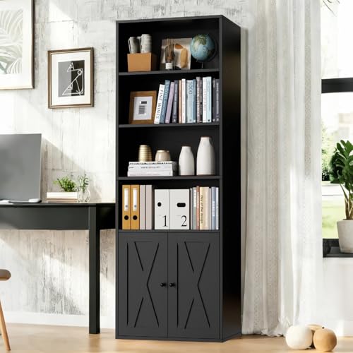 Farmhouse Bookcase with Doors & Storage, Tall 6-Tier Wood Bookshelf for Home Office Organization, Living Room Display, and Bedroom Storage Alternatives, 71-Inch Standing Shelf, Black
