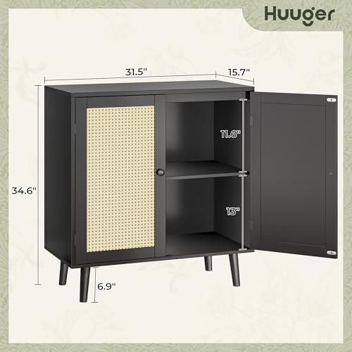 Buffet Cabinet with Storage, Storage Cabinet with Synthetic Rattan Decor Doors, Solid Wood Feet, for Hallway, Entry, Living Room, Black