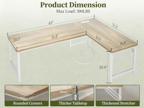 63 Inch L Shaped Computer Desk with Power Outlets, 1" Thick Desktop, view 4