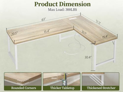 63 Inch L Shaped Computer Desk with Power Outlets, 1" Thick Desktop, view 4
