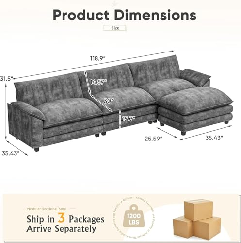 119" Modular Couch 3-Seat Sofa with Reversible Ottoman, Cloud Couch L Shaped Sofa with Deep Seat, Chenille Sectional Couches for Living Room