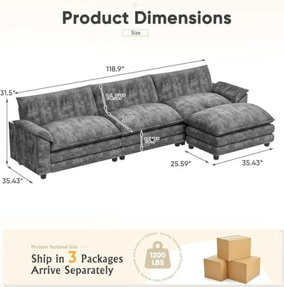 119" Modular Couch 3-Seat Sofa with Reversible Ottoman, Cloud Couch L Shaped Sofa with Deep Seat, Chenille Sectional Couches for Living Room