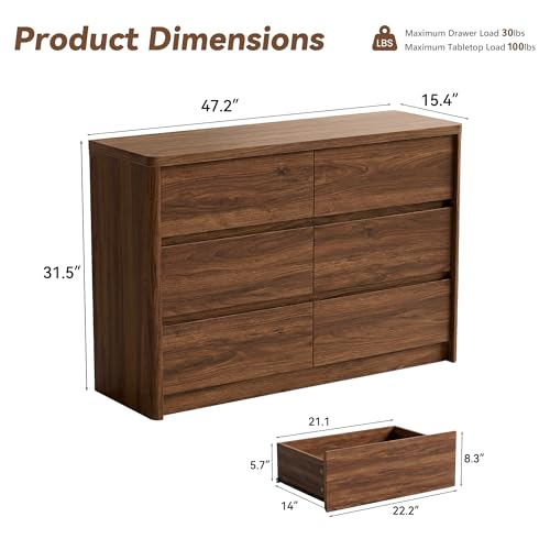 3 Pieces of Dresser and Nightstand Set,47.2 Inch Width 6-Drawer Dresser & 2-Drawer Nightstands Set of 2,Nightstand with USB&Type C Charging Station&Outlets, Modern Design for Bedroom, Walnut