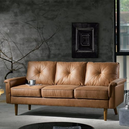72'' 3-Seater Deep Seat Sofa Couch, Mid-Century Modern Couches, Brown Faux Leather Small Couch for Apartment, Living Room, Bedroom(Light Brown)