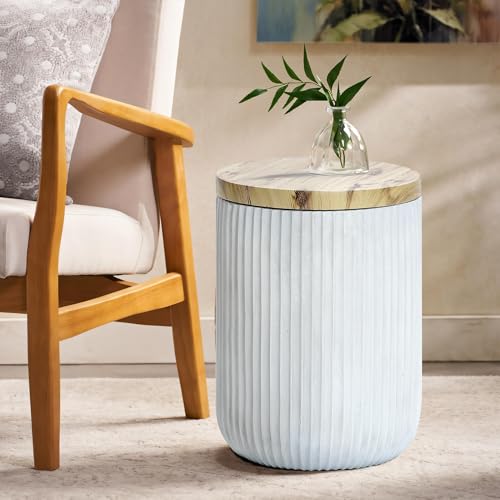 LuxenHome 18" Outdoor Side Table with Storage, Cement Patio End Table with Wood Finish Lid, Accent Table for Patio, Porch, Poolside, Backyard, Outside, Indoor, Garden Stool, Drum, Plant Stand