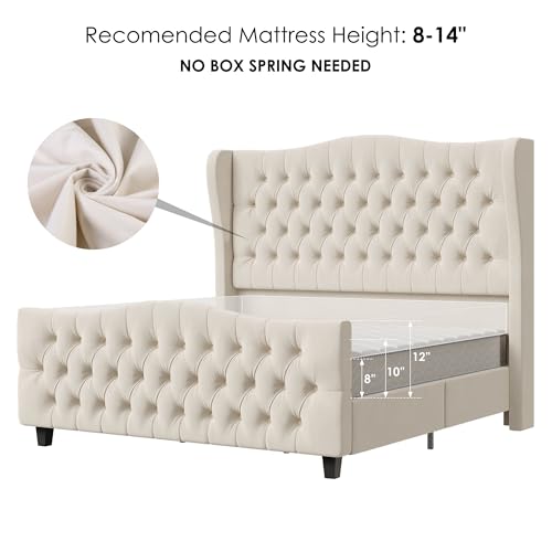 Queen Size 54.3" Tall Bed Frame with Wingback Headboard & Footboard, view 7
