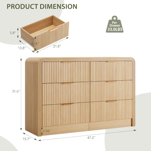 Fluted 6 Drawers Dresser, 47.2'' Wide Chest of Drawers for Bedroom, view 3