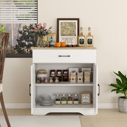Wooden Cabinet 1 Drawer and 2 Doors Storage Cupboard Coffee Bar Sideboard Farmhouse Entryway Organizer Console (White)