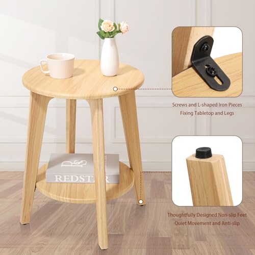 End Table Small Round Side Table with 2 Storage Shelves Walnut End Tables Accent Sofa Bedside Table Modern Night Stand for Living Room Bedroom Small Spaces