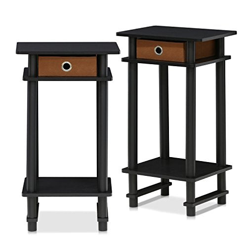 Turn-N-Tube End Table, 2-Pack, Espresso | Tall Narrow Modern End Table with Storage Bin, Open Shelf Night Stand, Bedside Table, for Living Room, Bedroom