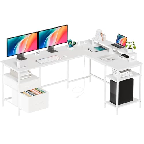 62” L Shaped Desk with Drawers and Power Outlet, White, view 2