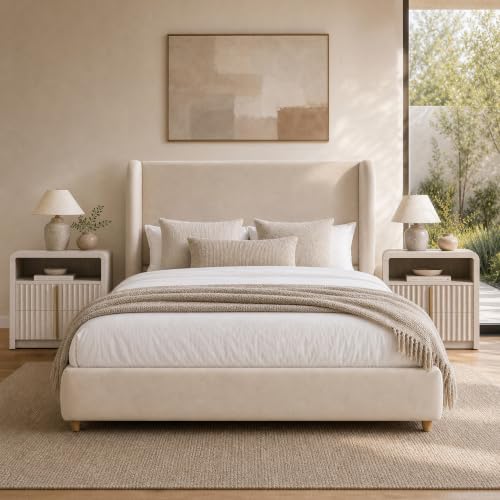 Queen Upholstered Bed Frame, 47" Tall Wingback Headboard, Beige, view 2