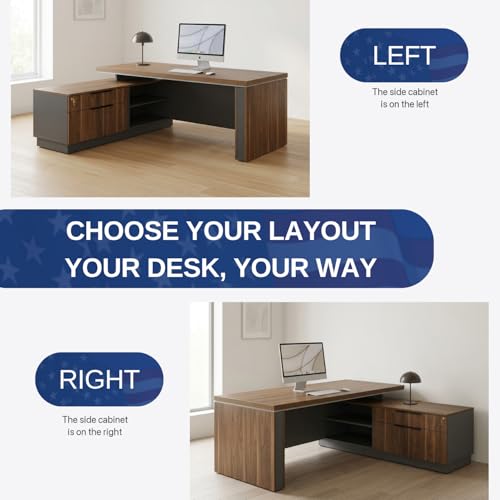 OfficeSimpli L Shaped Executive Desk with Drawers, Made in USA, 84x72x30 in, view 6