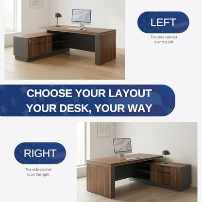 OfficeSimpli L Shaped Executive Desk with Drawers, Made in USA, 84x72x30 in, view 6