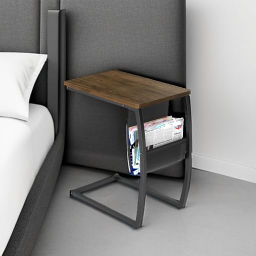 Side Table End Table, Vintage C Shaped Couch Table with Side Pocket for Sofa Laptop Coffee Snack, Walnut