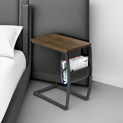 Side Table End Table, Vintage C Shaped Couch Table with Side Pocket for Sofa Laptop Coffee Snack, Walnut