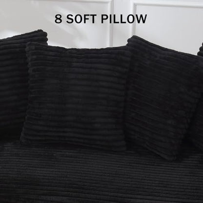 111 Inch Corduroy Sectional Couches for Living Room | L-Shaped Sectional Couch with 8 Pillows | Cloud Couch with Deep Seat | Solid Wood Frame Sofa Black (Right Facing Chaise)