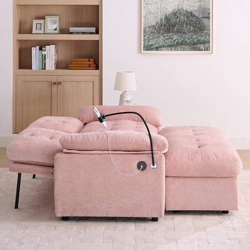 2 Seater Upholstered Loveseat Sofa with Storage Ottoman Phone Mount and Side Pocket Tufted Accent Couch, Pink