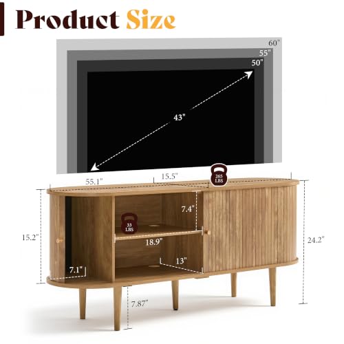 55" Mid-Century Modern Fluted TV Stand with Storage, Natural Oak, view 3