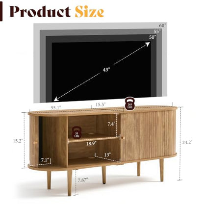 55" Mid-Century Modern Fluted TV Stand with Storage, Natural Oak, view 3